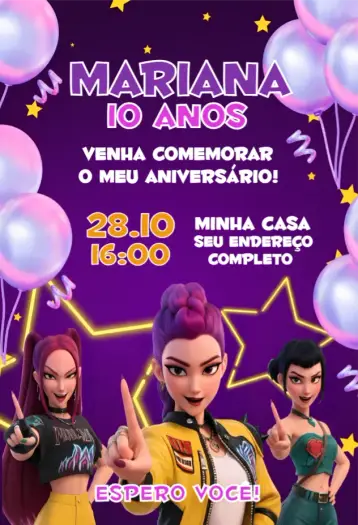 Convite Guerreiras do kpop roxo 2 editável e personalizável