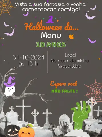 Convite Halloween Dia para festa de halloween ou aniversário com temática de halloween. – tema datas comemorativas (colorido, sombrio, fantasioso, bruxas, cemitério, divertido)