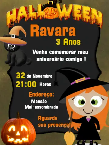 Convite Halloween Negro para fiesta de halloween – tema fechas conmemorativas (misterioso, sombrio, divertido, colorido, temático)