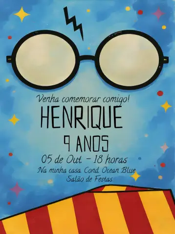 Convite Harry Potter Amarelo para aniversário infantil com tema harry potter. – tema mais pesquisados (amarelo, vermelho, mágico, temático, infantil)