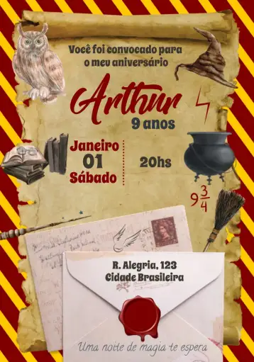 Convite Harry Potter Cauldron para children's birthday with harry potter theme. – tema kids' birthday party (magical, themed, vibrant, fantasy, adventure)