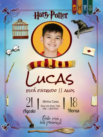 Convite Harry Potter Com Foto Menino editável e personalizável