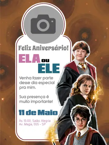 Convite Harry Potter Con Foto Rony para cumpleaños infantil con temática de harry potter. – tema cumpleaños infantil (mágico, colorido, infantil, temático, fantasía, divertido)