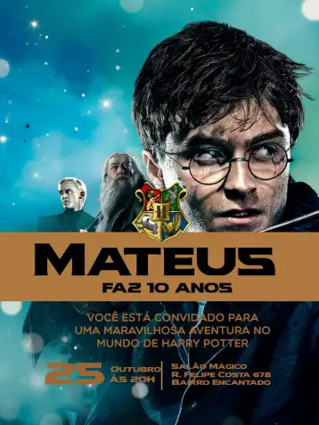 Convite Harry Potter Dumbledore para aniversário infantil em tema harry potter. – tema aniversário infantil (mágico, fantasia, dourado, escuro, aventura, bruxaria)