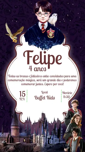 Convite Harry Potter Película para cumpleaños infantil con temática de harry potter. – tema cumpleaños infantil (mágico, hechicero, fantasía, oscuro, colorido, aventura)