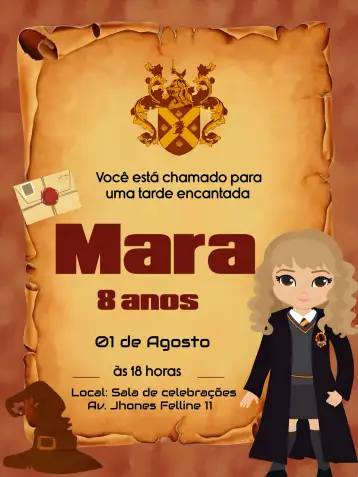 Convite Harry Potter Hermione para aniversário infantil com tema harry potter. – tema aniversário infantil (mágico, fantasia, vibrante, colorido, bruxaria, temática)