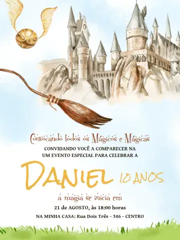Convite Harry Potter Hogwarts para aniversário infantil com tema harry potter. – tema aniversário infantil (mágico, fantasia, vintage, ilustrações de bruxos, cores vibrantes, estilo clássico)