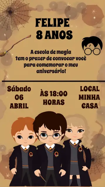 Convite Harry Potter Hogwarts para cumpleaños infantil con temática de harry potter. – tema cumpleaños infantil (mágico, temático, colorido, fantasía, infantil)