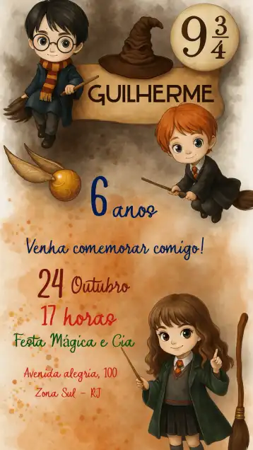 Convite Harry Potter Infantil – tema Aniversário Infantil aquarela, mágico, fantasia, colorido, temático