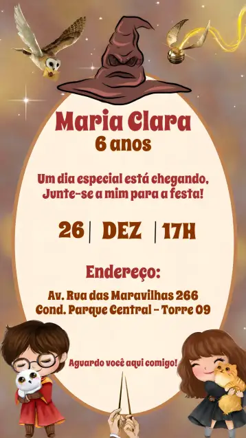 Convite Harry Potter Kids para kids birthday. – tema kids' birthday party (magical, fantasy, colorful, adventure, themed)