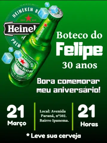 Convite Heineken Bebida para cumpleaños, asado o fiesta temática con amigos. – tema más buscados (verde, negro, moderno, festivo, desenfadado, bar)