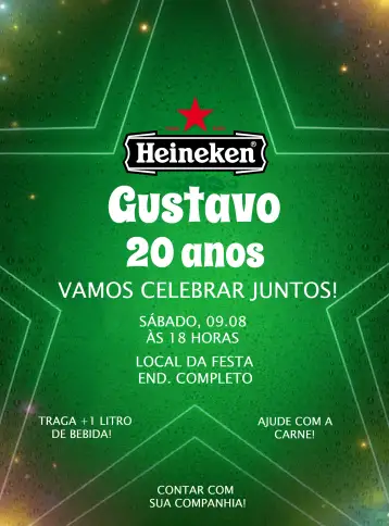 Convite Heineken BBQ para birthday with barbecue and beer theme. – tema birthday (modern, casual, green and black, pub, outdoor celebration, beer-themed)
