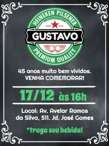 Convite Heineken Man para masculine birthday with a beer theme. – tema birthday (green, gray, white, chalkboard, pub, modern)