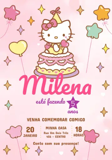 Convite Hello Kitty para aniversário infantil – tema mais pesquisados (rosa, feminino, lúdico, colorido, divertido, infantil)
