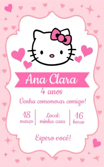 Convite Hello Kitty Coração para aniversário infantil. – tema mais pesquisados (colorido, fofo, infantil, lúdico, divertido)