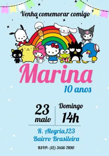 Invitación Hello Kitty y Amigos Colorido editable y personalizable