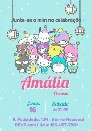 Convite Hello Kitty Y Amigos Melody para cumpleaños infantil – tema más buscados (divertido, colorido, infantil, temático, fofo)