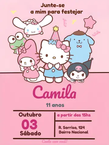 Convite Hello Kitty E Amigos Melody editável e personalizável