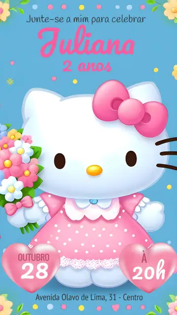 Convite Hello Kitty Flores para aniversário infantil – tema mais pesquisados (floral, delicado, infantil, colorido, moderno, divertido)