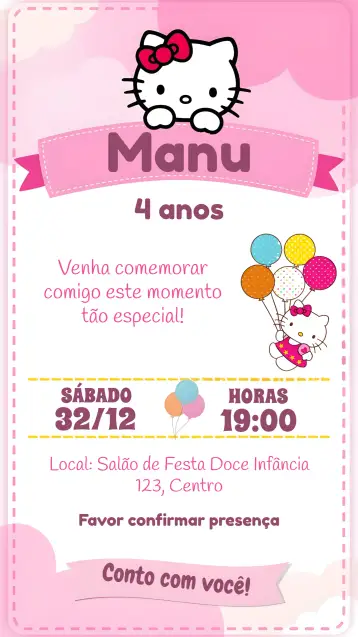 Convite Hello Kitty Infantil para cumpleaños infantil – tema más buscados (rosa, lila, floral, divertido, temático, infantil)
