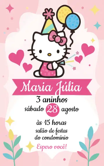 Convite Hello Kitty Rosa para cumpleaños infantil. – tema más buscados (rosa, lúdico, infantil, divertido, colorido, temático)