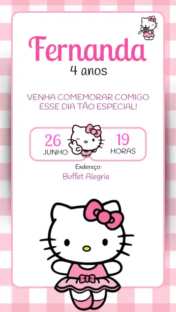 Convite Pink Hello Kitty para kids' birthday. – tema most searched for (pink, colorful, childish, playful, themed, cute)