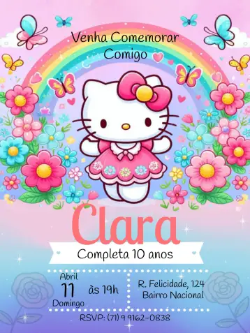 Convite Hello Kitty Sanrio para aniversário infantil com tema hello kitty. – tema mais pesquisados (rosa, delicado, divertido, infantil, colorido, temático)