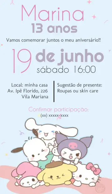 Convite Hello Kitty Sanrio Kuromi editável e personalizável