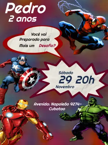 Convite Heróis Marvel Infantil para aniversário infantil com tema de super-heróis. – tema mais pesquisados (colorido, futurista, super-heróis, vibrante, divertido)