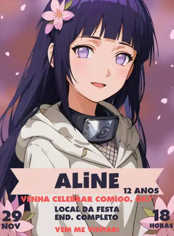 Convite Hinata Naruto Boruto editável e personalizável