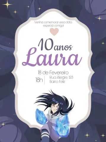 Convite Hinata Naruto Menina editável e personalizável