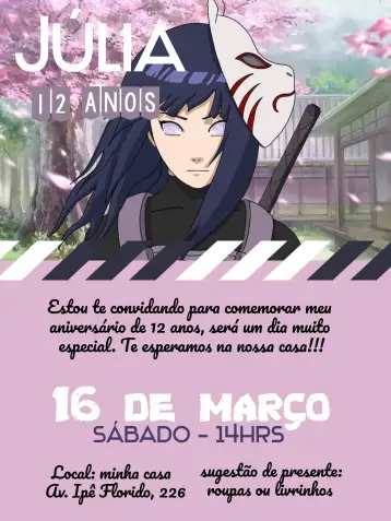 Convite Hinata Preto para aniversário infantil com tema de anime. – tema aniversário infantil (roxo, lilás, preto, anime, moderno, divertido)