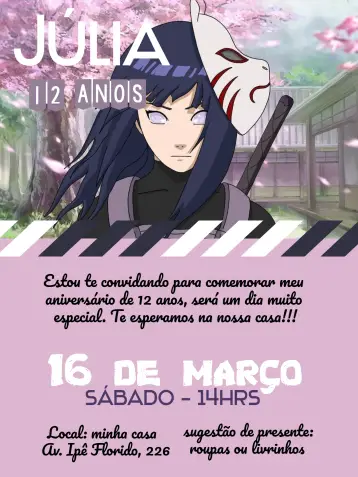 Convite Hinata Preto editável e personalizável