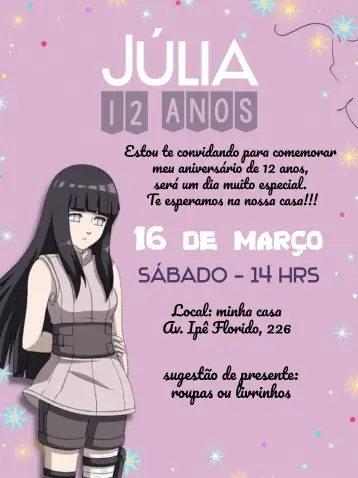 Convite Hinata Preto editável e personalizável