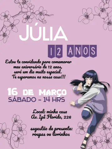 Convite Hinata Sasuke para children's birthday – tema kids' birthday party (purple, lilac, modern, anime, fun, themed)