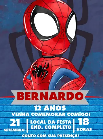 Convite Homem Aranha Aquarela Azul editável e personalizável