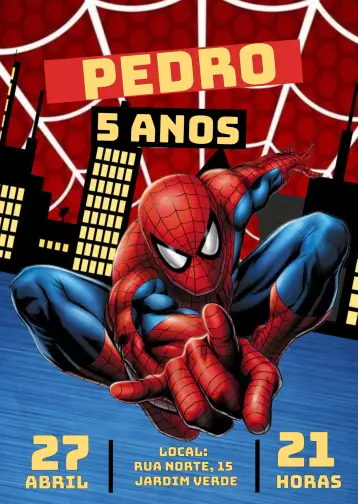 Convite Homem Aranha Festa para aniversário infantil com tema do homem aranha. – tema mais pesquisados (colorido, super-herói, moderno, divertido, infantil, temático)