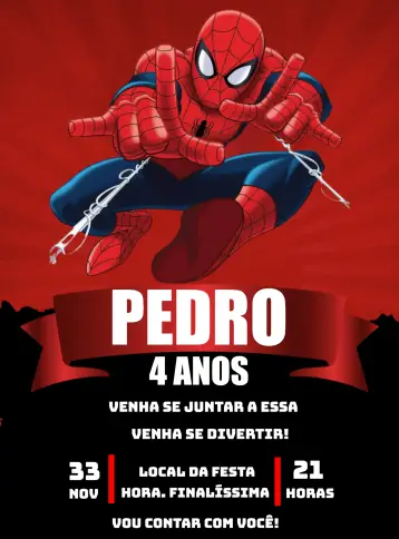 Convite Homem Aranha Herói para aniversário infantil com tema de super-heróis. – tema mais pesquisados (colorido, super-herói, dinâmico, moderno, aventura)