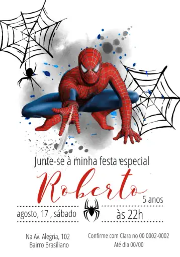 Convite Spider Man Invitation para children's birthday with superhero theme – tema most searched for (modern, colorful, superheroes-themed, fun, childish)