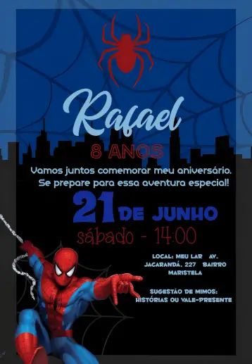 Convite Homem Aranha Super para aniversário infantil – tema aniversário infantil (colorido, temática de super-heróis, moderno, divertido, jovial)