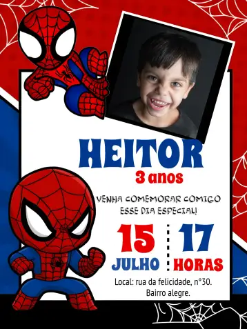 Convite Homem Aranha Toy Com Foto Chibi para aniversário infantil ou festa temática do homem aranha. – tema mais pesquisados (vermelho, azul, preto, chibi, fofo, moderno)