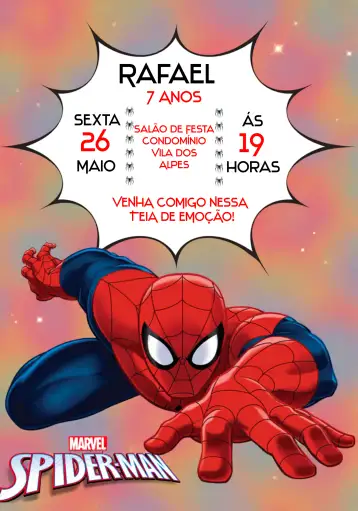 Convite Hombre Araña Rojo para cumpleaños infantil con temática de superhéroes. – tema más buscados (rojo, negro, blanco, superhéroes, moderno, divertido)