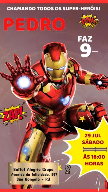 Convite Homem De Ferro Marvel editável e personalizável