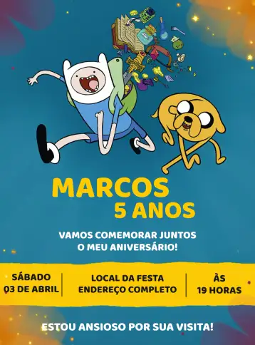 Convite Hora De La Aventura Azul para cumpleaños infantil con tema hora de la aventura – tema más buscados (azul, amarillo, divertido, aventura, ilustraciones infantiles, colorido)