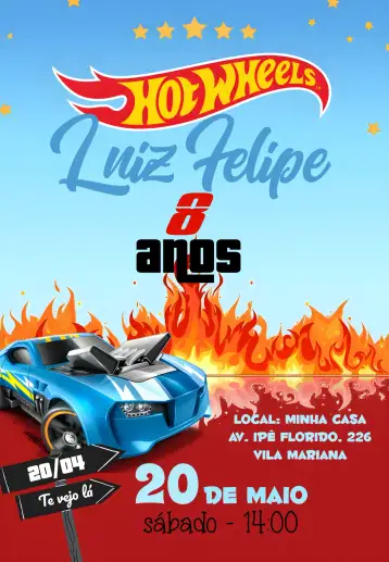 Convite Hot Wheels Race para children's birthday. – tema kids' birthday party (colorful, race-themed, vibrant, fun, childlike, dynamic)