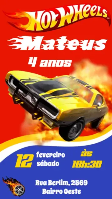 Convite Hot Wheels editável e personalizável