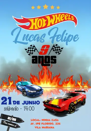 Convite Hot Wheels Kids para children's birthday – tema kids' birthday party (colorful, fun, themed, modern, dynamic)