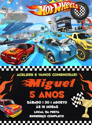 Convite Hot Wheels Piloto para cumpleaños infantil con temática de carreras. – tema más buscados (carritos, carrera, dibujos animados, naranja y negro, aventura, deportes)