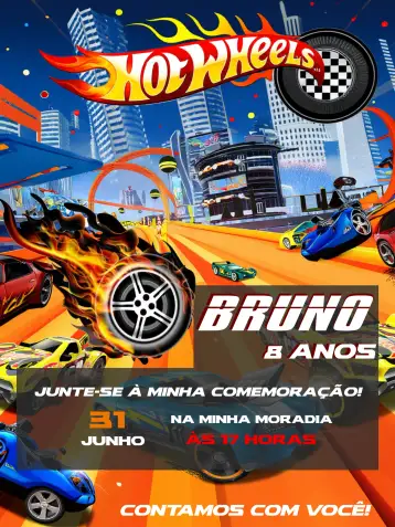 Convite Hot Wheels Colorful para children's birthday with a car theme. – tema most searched for (colorful, fun-filled, themed, contemporary, dynamic, child-friendly)