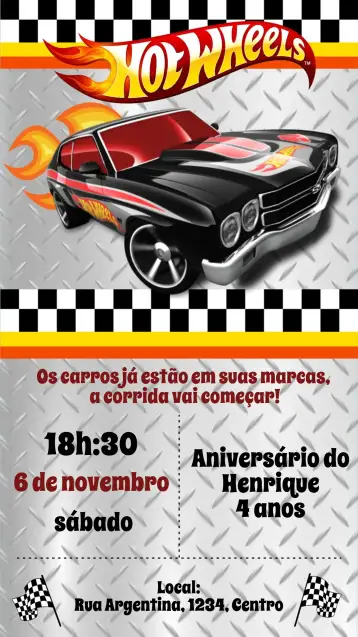 Convite Hotweels para cumpleaños infantil con tema hotweels. – tema cumpleaños (colorido, dinámico, moderno, aventura, infantil, divertido)